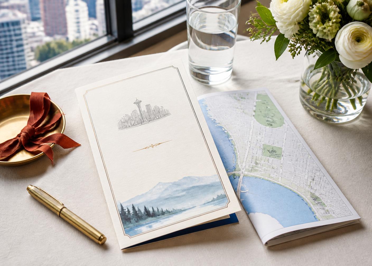 A printed arrival program card and Seattle map on a linen table
